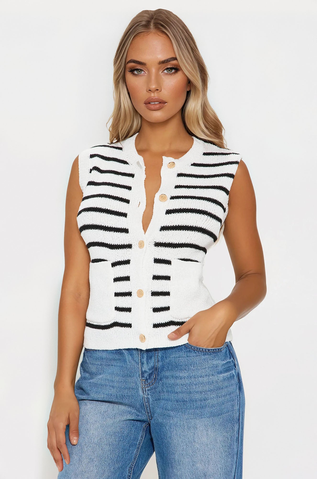 Karson Striped Sweater Vest - White/Black - Image 53