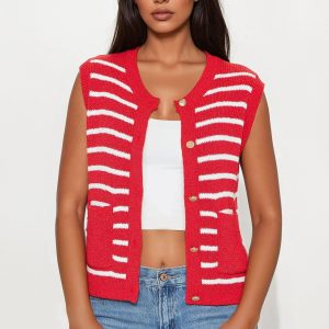 Perfectly Sweet Striped Sweater Vest - Red/White