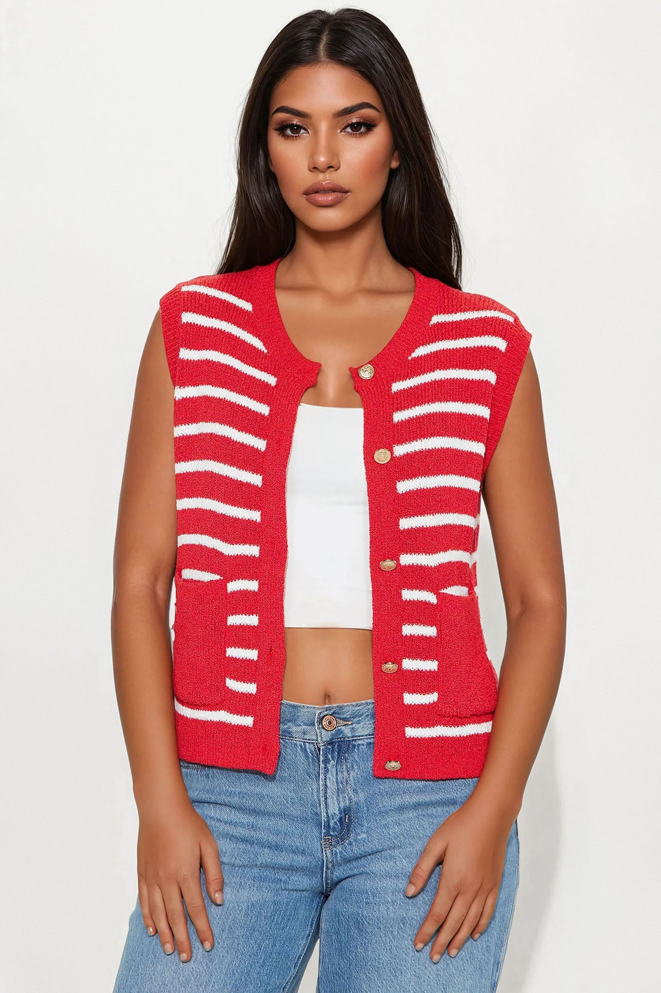 Perfectly Sweet Striped Sweater Vest - Red/White