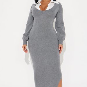 Bailey Collared Sweater Maxi Dress - Charcoal