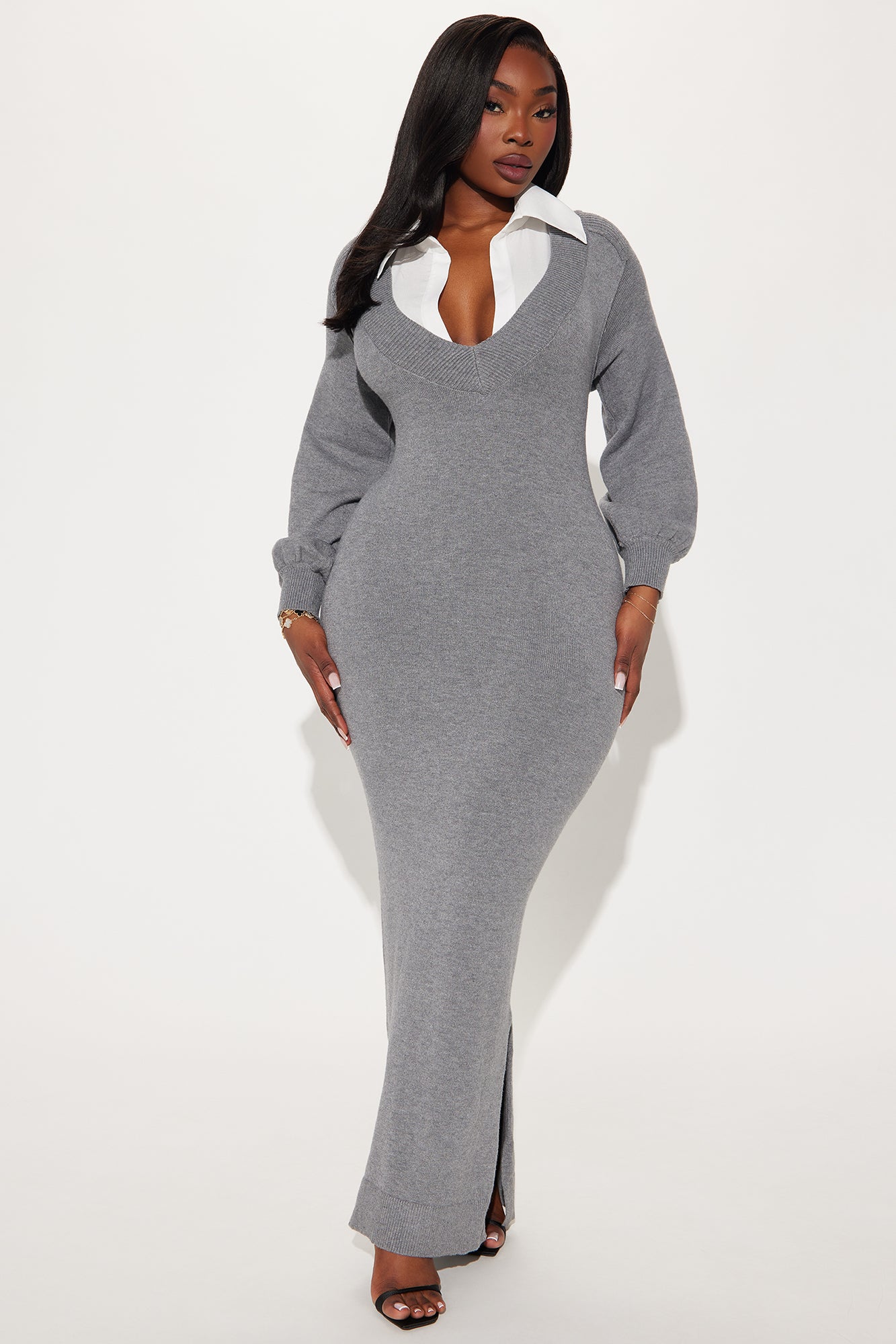 Bailey Collared Sweater Maxi Dress - Charcoal - Image 2